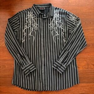 Patroncito USA Mens XXL Black Striped Embroidered Button Down Shirt Y2K BMX